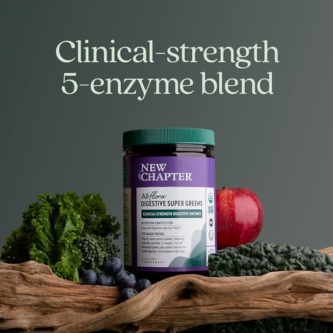 New Chapter All-Flora Digestive Super Greens Powder for Gut Health - Clinical-Strength Digestive Enzymes + USDA Organic Chlorella Spirulina Fermented Greens – Delicious &amp 100% Vegan 30 Servings