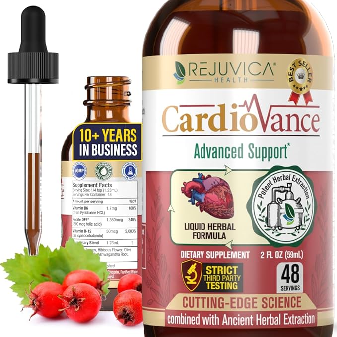 Rejuvica Health CardioVance - Heart Support Supplement - Liquid Delivery for Better Absorption - Hawthorne Hibiscus Arjuna Olive Leaf &amp More!