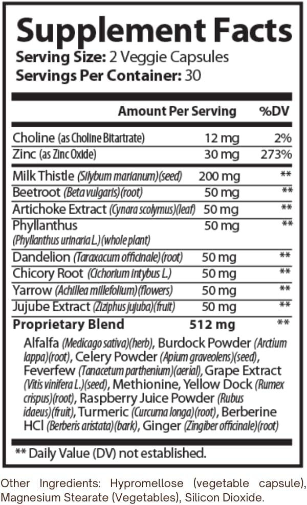 Liver Support Supplement | with Milk Thistle Dandelion Beetroot Zinc &amp Herbal Blend | 60 Veg Capsules