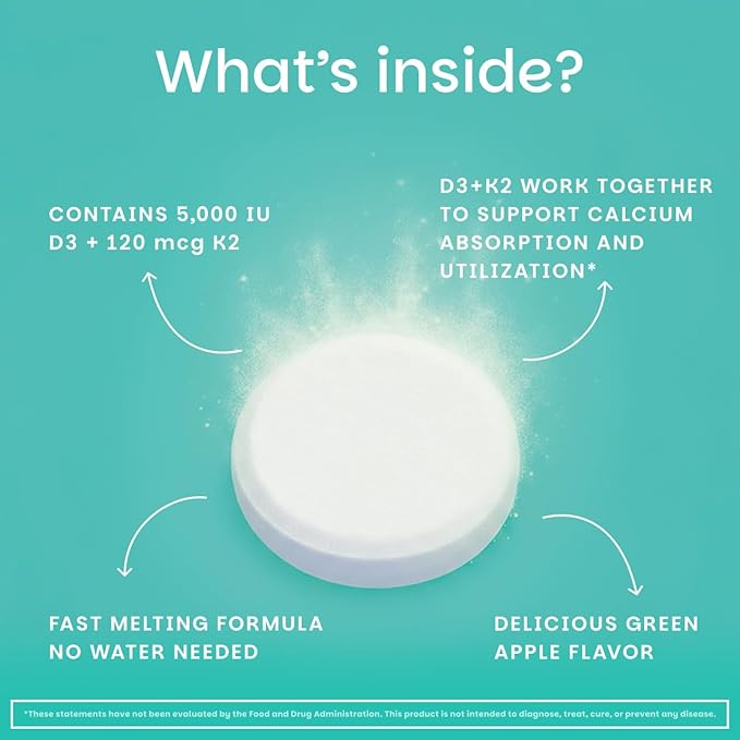 EZ Melts Dissolvable Vegan Vitamin D3 + K2 5000 IU - Bone &amp Heart Health Support - Immune Function Support - No Artificial Flavors - Non-GMO - Green Apple - 90 Dissolvable Tablets (90 Servings)