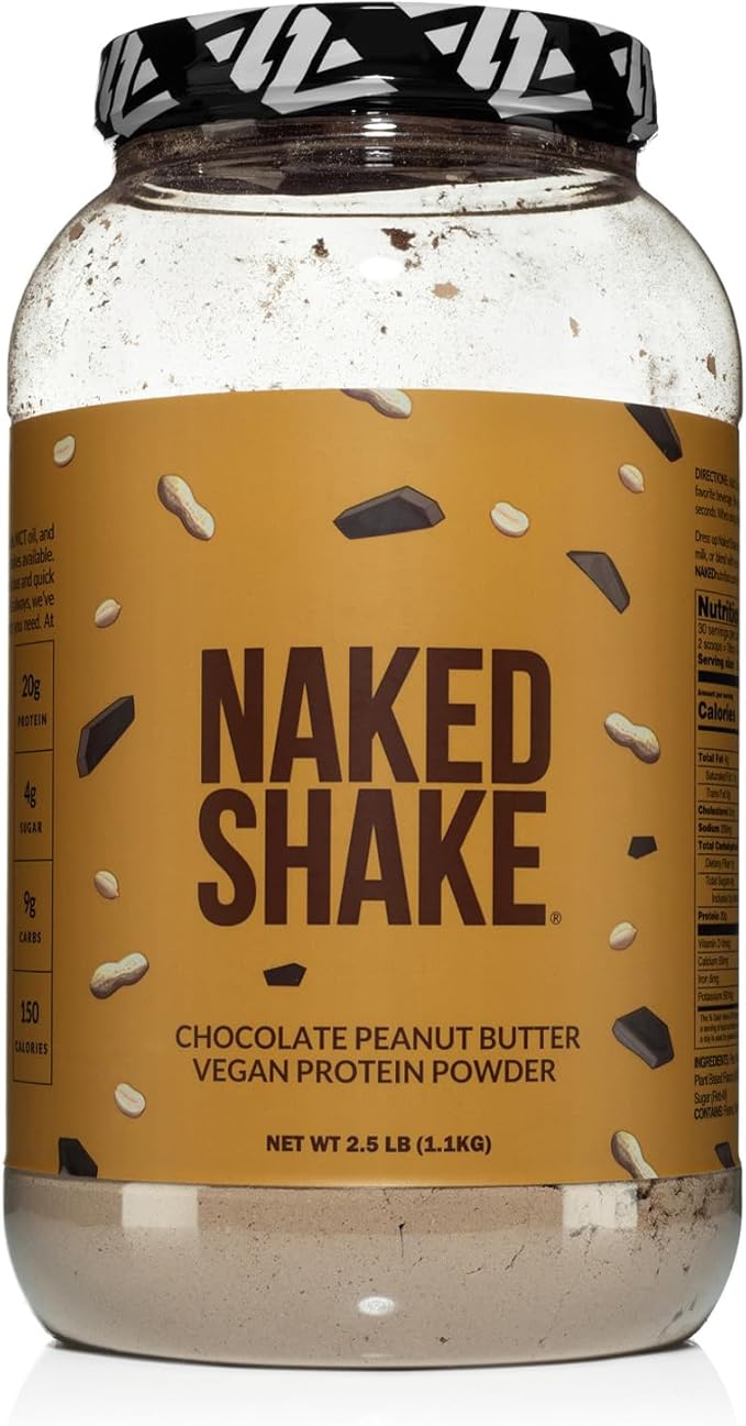 NAKED Shake - Chocolate Peanut Butter Protein Powder - Vegan Protein Powder from US &amp Canadian Farms with MCT Oil NSF Certified Gluten-Free Soy-Free No GMOs or Artificial Sweeteners - 30 Servi