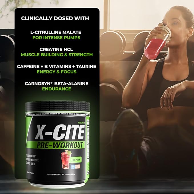 X-CITE Pre-Workout by ATHLEAN-X - Enhanced Formula with Beta-Alanine Creatine &amp Caffeine for Ultimate Energy Endurance Focus &amp Muscle Pump NSF Certified for Sports (Fruit Punch)