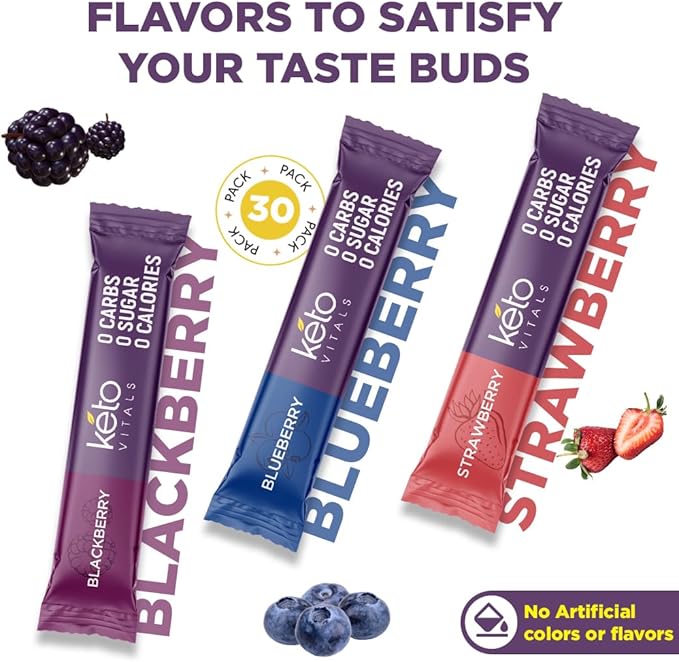 Keto Vitals Antioxidant Electrolytes Powder Packets No Sugar | Keto Friendly Electrolytes Travel Packets | Variety Stickpacks | Energy Drink Mix | Zero Calorie | Zero Carb (Berry Assorted 30)