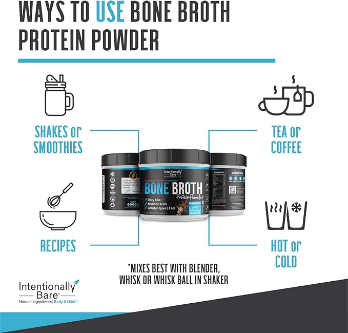 Intentionally Bare Bone Broth Protein Powder Chocolate - Grass Fed Protein Powder with Multi Collagen Peptides Type 1 2 and 3 - Dairy Free Bone Broth Powder for Skin Gut and Joint - 20 Servings