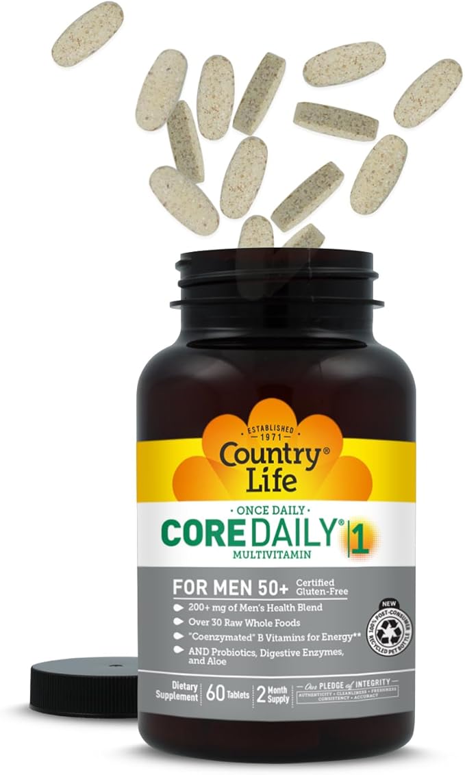 Country Life CORE Daily-1 Multivitamin for Men 50+ - Gluten-Free Energy Support with Coenzymated B Vitamins Probiotics Whole Food and Digestive Enzymes Certified Gluten Free 60 Tablets
