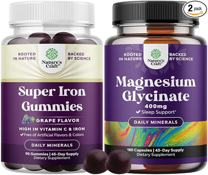 Bundle of Delicious Iron Gummies for Women and Men - Iron Supplement for Women and Men with Vitamin C and Pure Magnesium Glycinate 400mg Per Serving - for Mood Sleep and Relaxation