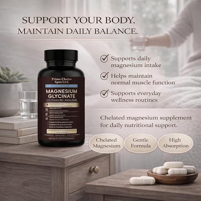 Magnesium Glycinate 120 mg Capsules with Glycine Taurine &amp Vitamin B6 (P-5-P) – Chelated Magnesium Supplement – 120 Capsules
