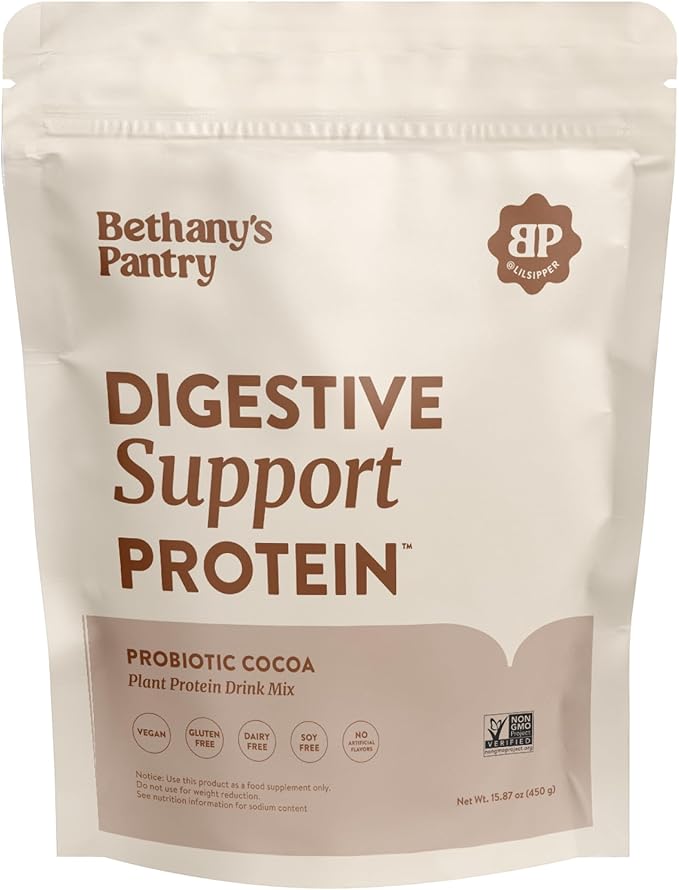 BETHANY'S PANTRY Digestive Support Protein Powder - Vegan Pea Protein with Probiotics &amp L-Glutamine - Only 5 Ingredients Non-GMO Project Verified No Artificial Sweeteners Gluten Free (Cocoa)