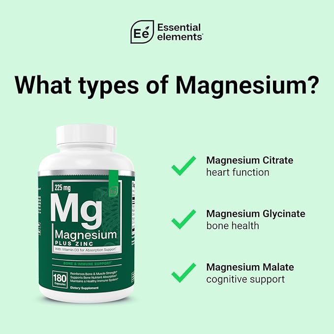 Essential Elements Magnesium Plus Zinc with Vitamin D3 - Scientifically Formulated Heart Bone &amp Muscle Support - 225mg Triple-Strength Magnesium Complex with Glycinate Malate Citrate - 360 Cou