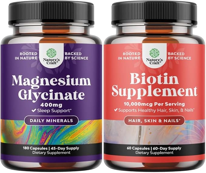 Bundle of Pure Magnesium Glycinate Supplement 400mg Per Serving for Mood Sleep &amp Relaxation Support and 10000 mcg Pure Biotin Pills - Promotes Thicker &amp Fuller Hair - Get Clear Skin Strong Nai