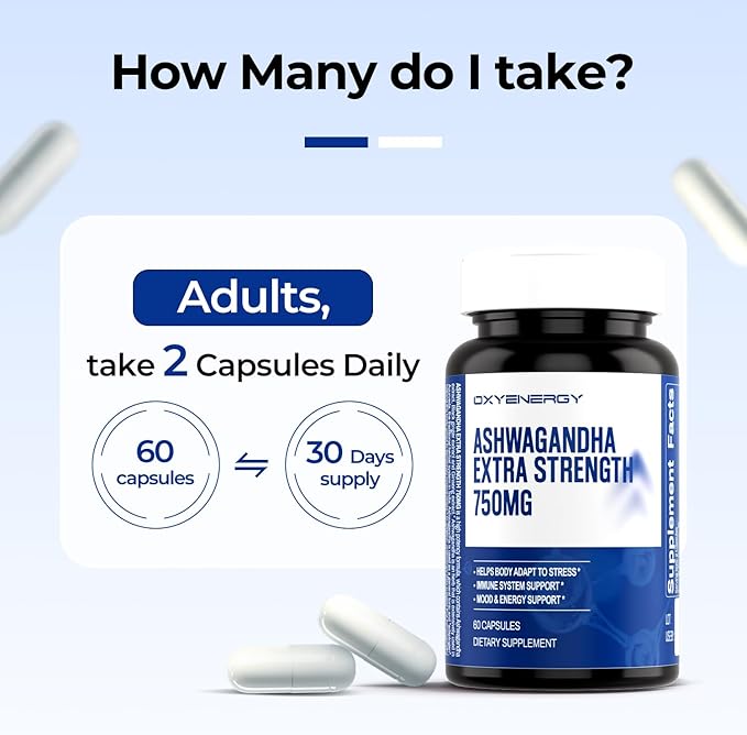OxyEnergy Ashwagandha Capsules-750 mg Ashwagandha Extract-Stress ReliefNatural CalmMood Support &amp Energy Support-VeganNon-GMOGluten-Free-60 Counts