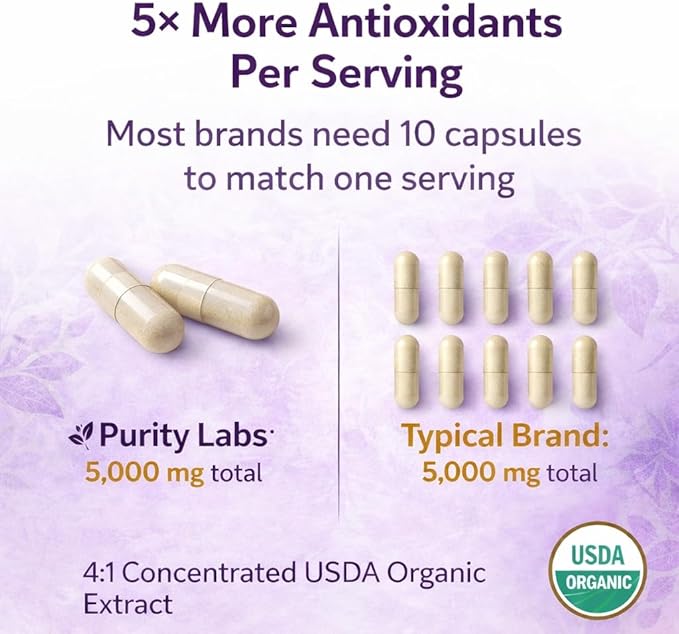 Purity Labs Trans-Resveratrol Supplement 5000 mg Equivalent per Serving with Quercetin USDA Organic High Potency Antioxidant Vegan Capsules 90 Count