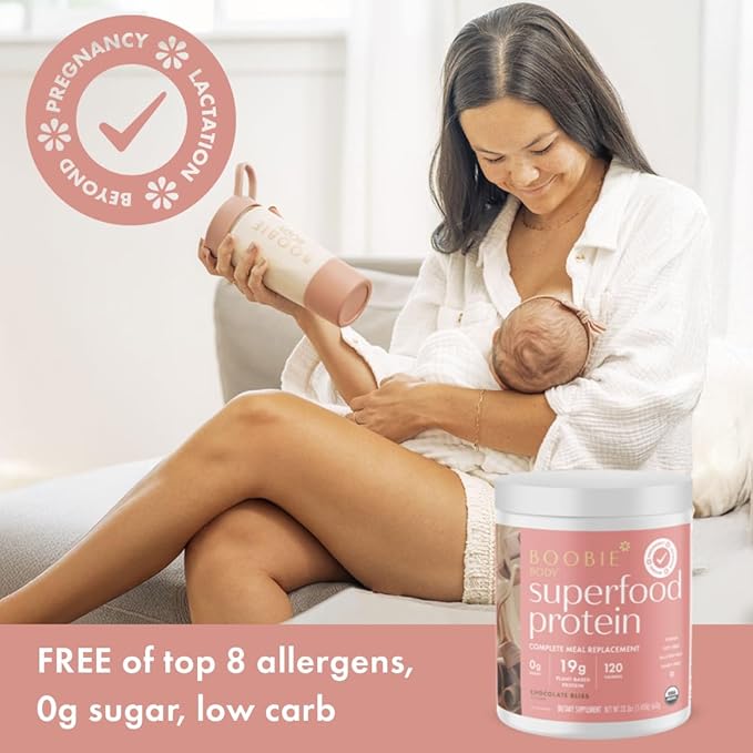 Boobie Body Superfood Protein Pregnancy and Postpartum Meal Replacement Shake Chocolate Bliss Flavor | 19g Protein | Safe for Lactation &amp Motherhood | Organic Vegan Zero Sugar 1 Tub (20 Servin