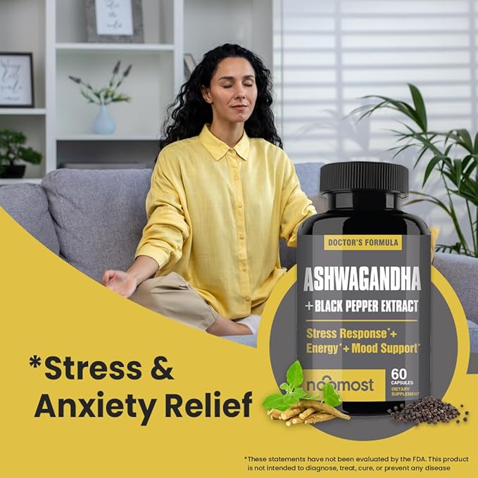 NooMost Organic Ashwagandha 400mg Capsules w/Black Pepper Extract as Vegan Ashwagandha Supplements for Anti Stress Relief Natural Mood Support Energy &amp Focus-60 Capsules