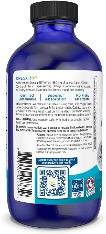 Nordic Naturals Omega-3D Lemon Flavor - 8 oz - 1560 mg Omega-3 + 1000 IU Vitamin D3 - Fish Oil - EPA &amp DHA - Immune Support Brain &amp Heart Health Healthy Bones - Non-GMO - 48 Servings