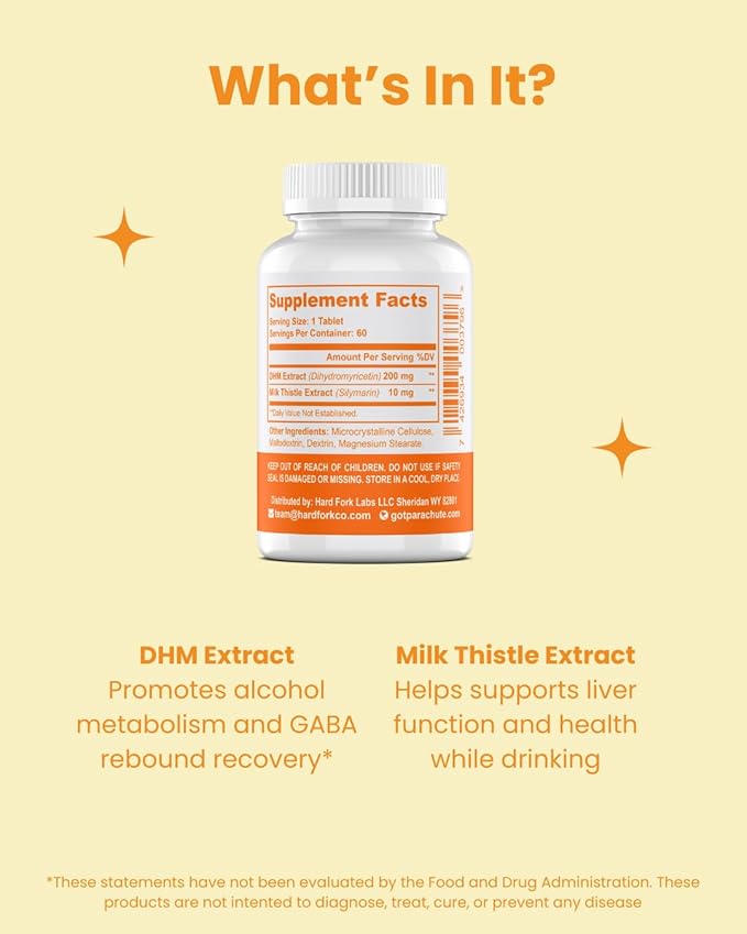 Parachute - Smoother Landings After Drinking | DHM and Milk Thistle Blend | Supplement to Promote Alcohol Metabolism and Support Liver Health | 60 Tablets