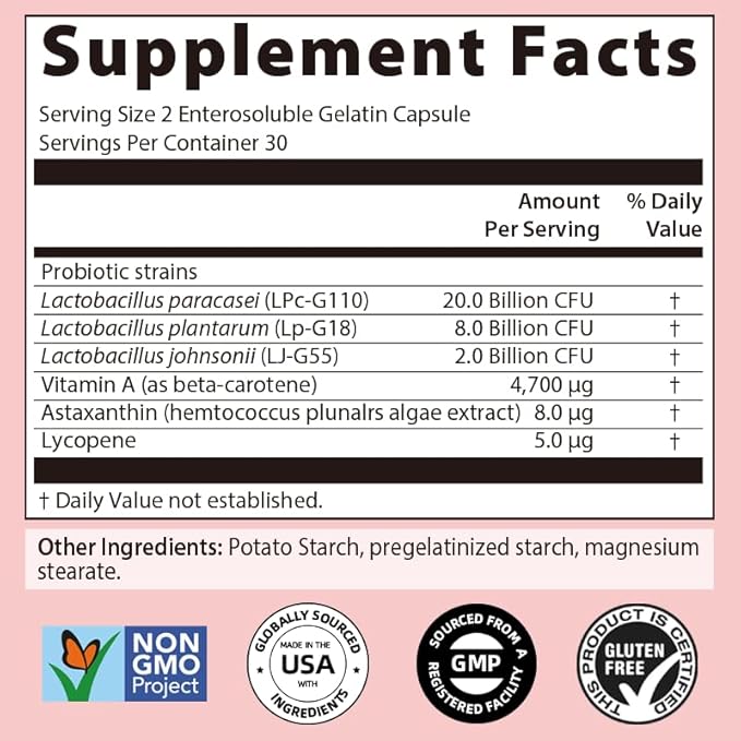 Skin Probiotic-30 Billion Colonies of 3 strains Specially Added Carotene astaxanthin and lycopeneReduce SensitivityEnhance Moisture and Elasticity and Make Skin Radiant60 Capsules