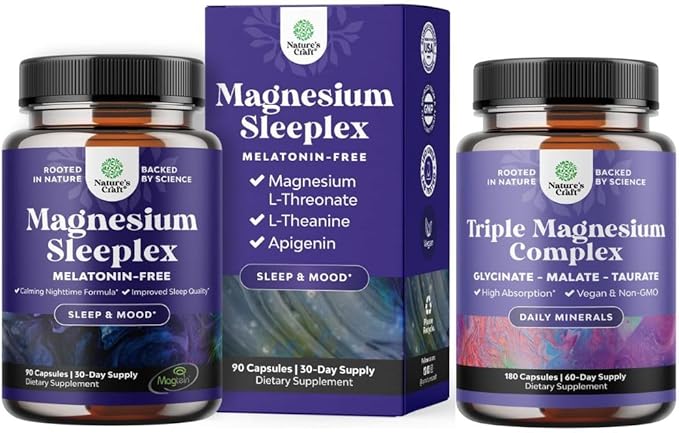 Bundle of High Absorption Magnesium Sleep - L-Threonate Apigenin Theanine for Sleep &amp Rest - Melatonin Free and Triple Magnesium Complex Supplement - Magnesium Glycinate Malate &amp Taurate Blen