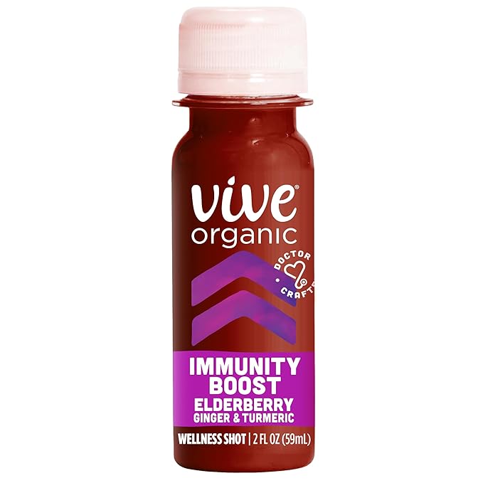 Vive Organic Immune Support Elderberry Shot Cold-Pressed Turmeric &amp Ginger Gluten Free Vegan Immunity Boost Elderberry 2 Fl Oz (Pack of 12)