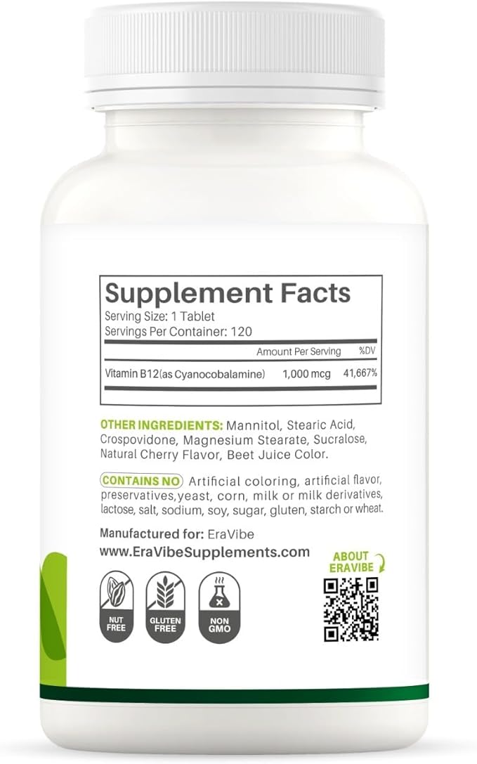Vitamin B12 1000 mcg 120 Tablets Natural Cherry Flavor Gluten-Free Non-GMO Sugar Free Fast Dissolve