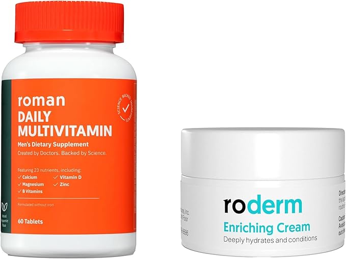 ROMAN Men's Daily Health &amp Skincare Bundle | Multivitamin with 23 Key Nutrients for Energy Brain &amp Heart Support (60 Tablets) + Enriching Cream for 24-Hour Hydration &amp Smoother Skin (25mL