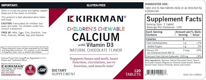 Children's Chewable Calcium with Vitamin D3 Natural Chocolate 120 Tablets Kirkman Labs