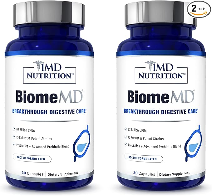 1MD Nutrition BiomeMD Probiotics | 62 Billion CFUs 15 Comprehensive Strains - Pro &amp Prebiotics | Doctor-Formulated for Digestive Health &amp Immune Support | 60 Capsules