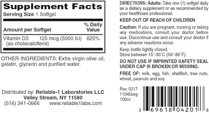 Vitamin D3 High Potency 5000 IU 100 Softgels per Bottle Pack of 4