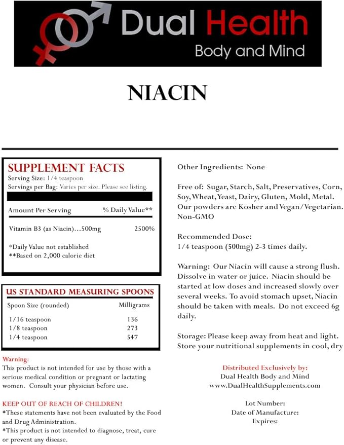 Niacin Powder (5 lbs) Vitamin B3 Bulk Supplement Immediate Release Niacin with Flush Nicotinic Acid Non-GMO Vegan Gluten Free Company Fast Absorption No GMOs Fillers Additives or Heavy Metals