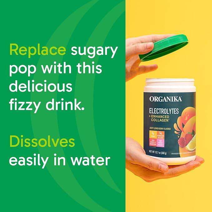 Organikа Electrolytes with Enhanced Collagen Powder for Women &amp Men - 13 oz - Zesty Lemon Berry-Flavored Effervescent Electrolyte &amp Collagen Drink Mix - Deep Hydration Mobility Skin Hair &