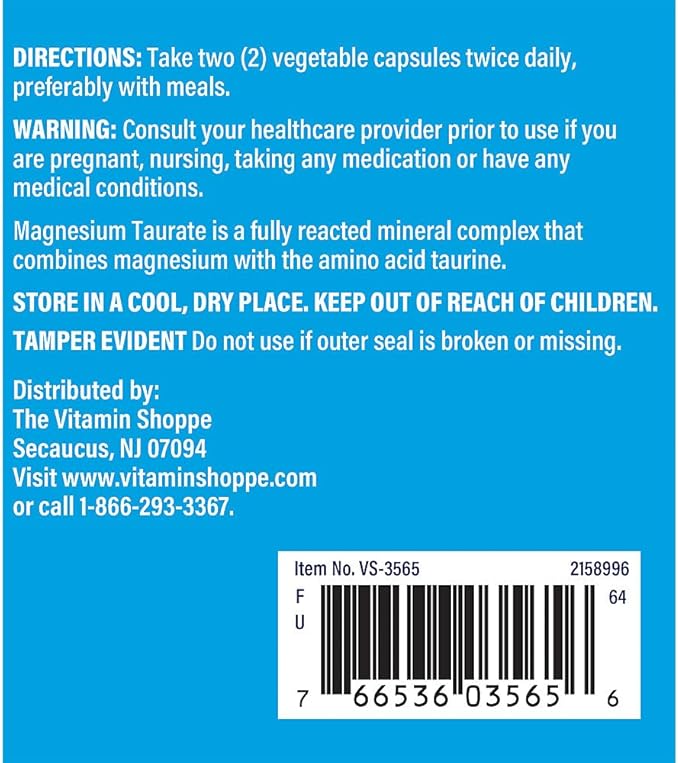 The Vitamin Shoppe Magnesium Taurate 125mg - Heart Health &amp Muscle Relaxation | Energy Production | 180 Veggie Caps | Cardiovascular