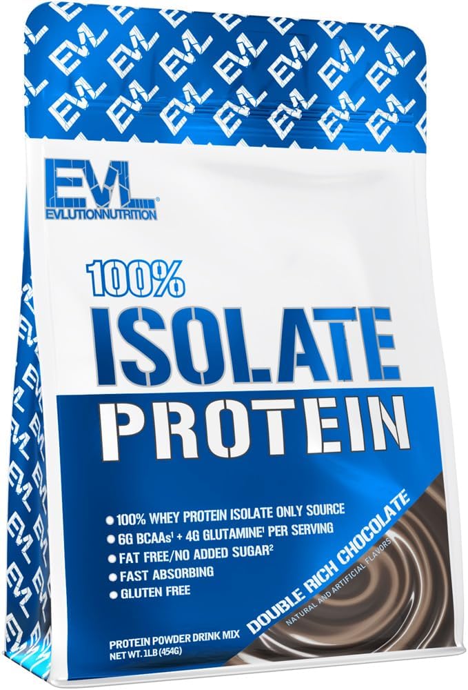 Evlution Nutrition 100% Isolate Whey Isolate Protein Powder 25 G of Fast Absorbing Protein No Sugar Added Low-Carb Gluten-Free (Double Rich Chocolate 1 LB)