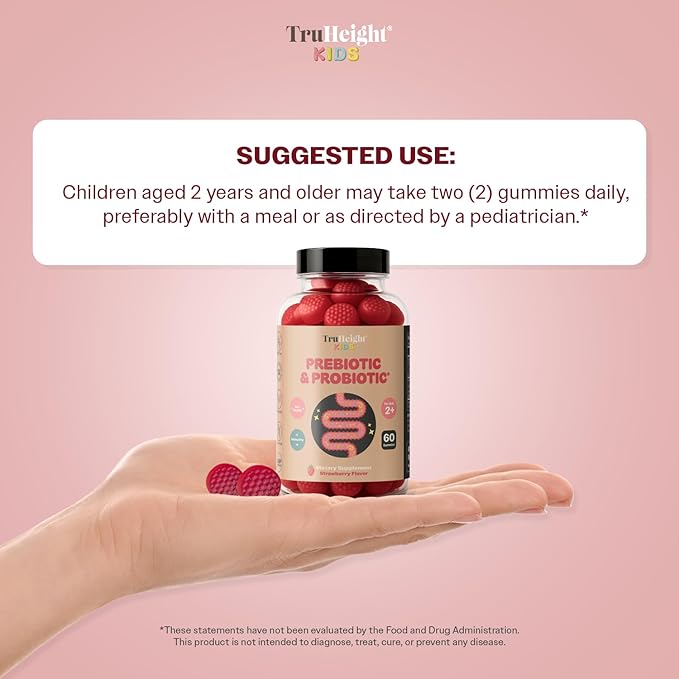 TruHeight Kids Prebiotic &amp Probiotic Gummies Ages 2+ (Strawberry Flavor) Toddlers &amp Kids All Natural Gut Health Digestive Enzymes Stomache Ache Constipation Relief Supplement - Pediatric Vi