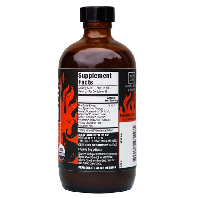 Herbal Revolution Fire Cider Apple Cider Vinegar - Certified Organic Non-GMO ACV Infused with Ginger Horseradish Hot Peppers Honey and More - Made Using Regenerative Farming Practices 8 Oz