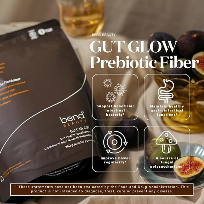 Bend Beauty Gut Glow | Daily Prebiotic Fiber Supplement Powder w/Tremella Mushroom Exract | Digestive Gut Health | 6g of Soluble Fiber per Serving | 100% Organic Vegan Sugar Free | Unflavored