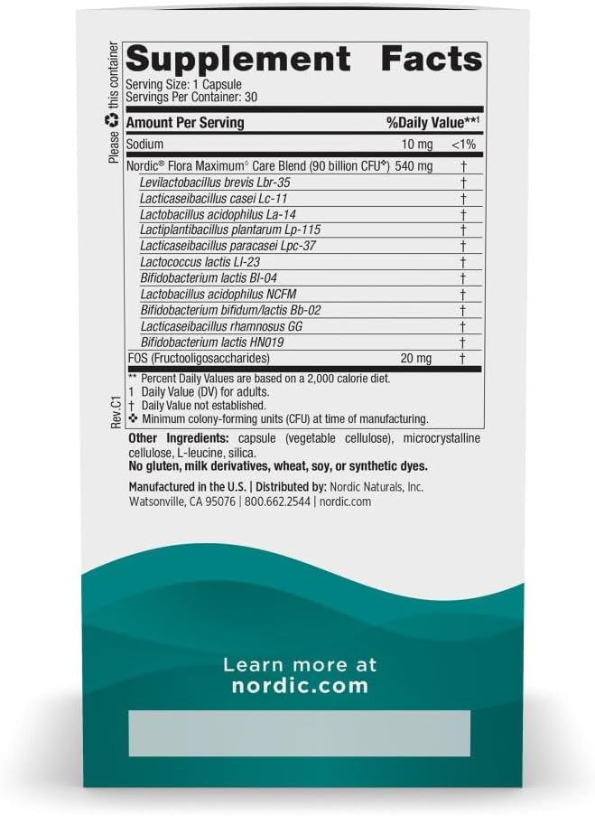 Nordic Naturals Nordic Flora Probiotic Maximum Care 30 Capsules 11 Probiotic Strains for Daily Immune and Digestive Health Support Vegan 30 Servings