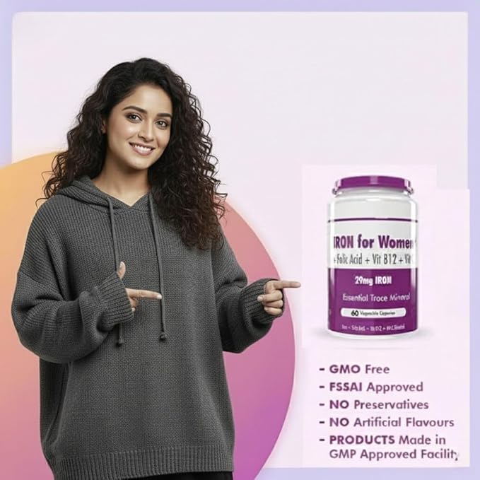 Iron Supplement for Women -100% Chelated - with Vitamin B12 Folic Acid &amp Vitamin C for High Absorption (60 Veg Capsules)