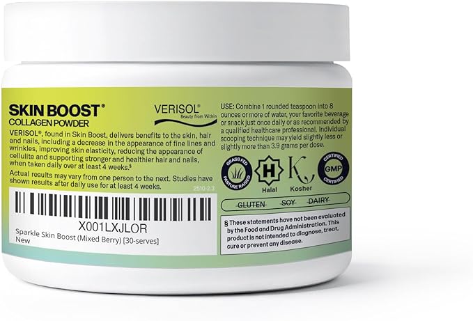 Sparkle Wellness VERISOL Bioactive Hydrolyzed Collagen Peptides | Collagen Powder Supplement with Vitamin C for Skin Hair &amp Nail Health | Skin Boost (Mixed Berry) [30-Serves]