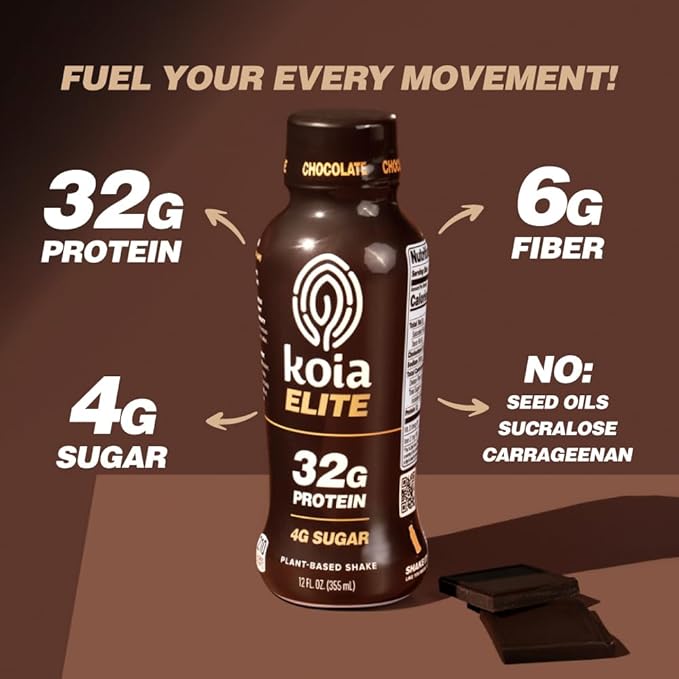 Koia Elite Plant Based Protein Shake Chocolate 32g Protein 4g Sugar 6g Prebiotic Fiber Pre &amp Post Workout Nutritional Drink No Seed Oils Dairy-Free Gluten-Free Non-GMO 12 Fl Oz (Pack of