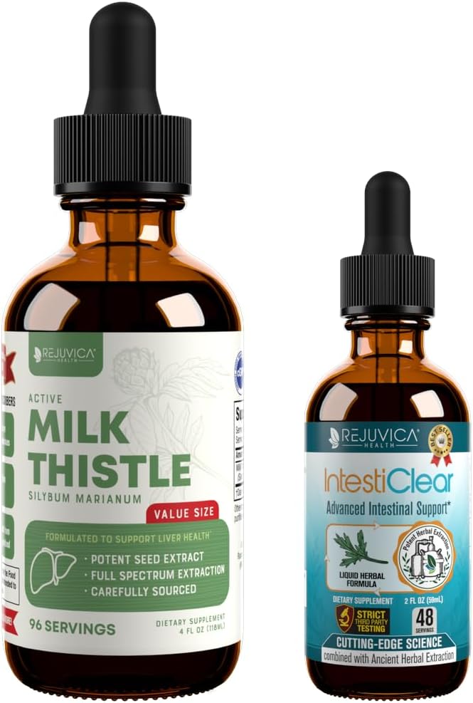 Rejuvica Health Active Milk Thistle 4oz + IntestiClear - Advanced Liver &amp Intestinal Support Bundle - Liquid Delivery for Better Absorption