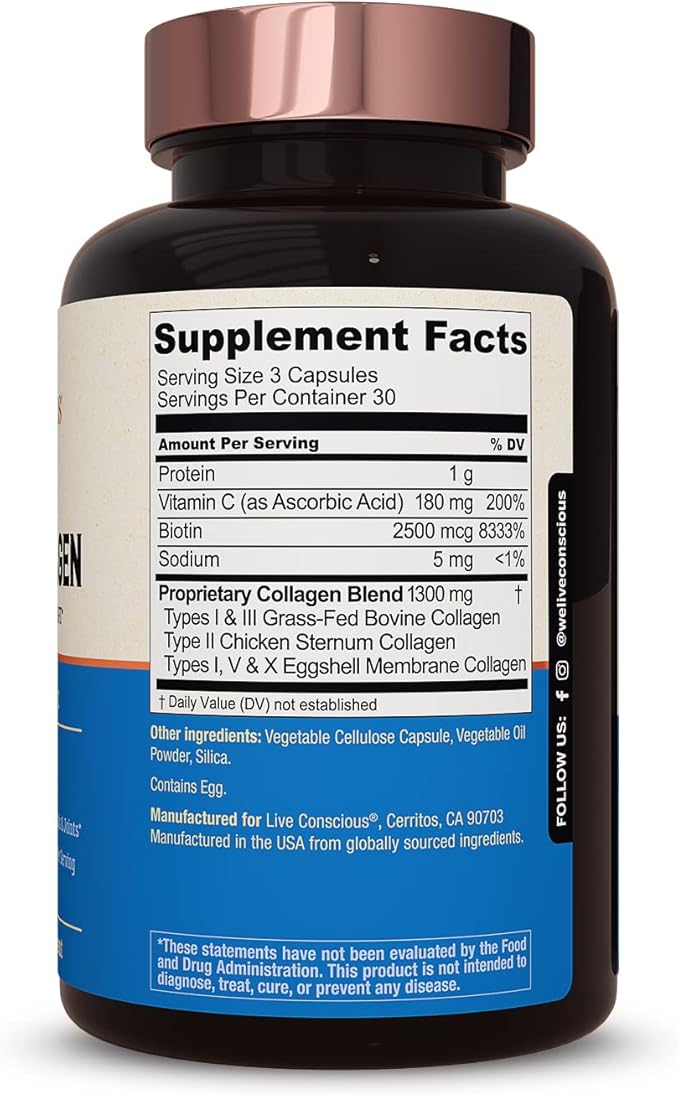 Live Conscious Beyond Collagen Multi Collagen Capsules - Types I II III V &amp X | Hydrolyzed Blend with Biotin &amp Vitamin C for Hair Skin Nails 90 Capsules (2-Pack)