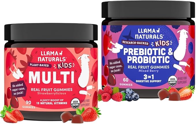 Llama Naturals Kids Multivitamin and Probiotic and Prebiotics Bundle Vegan Organic Gut Health and Immune Support Gummies Real Fruit Gummy Vitamins No Added Sugar Cane 2 Bottles 30 Day Supply