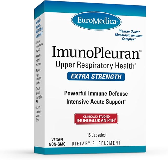 EuroMedica ImunoPleuran Extra Strength - Upper Respiratory Health Supplement - Pleuran Sourced from Mushrooms - with Vitamin C &amp Zinc - Vegan &amp Non-GMO - 15 Capsules (15 Servings)