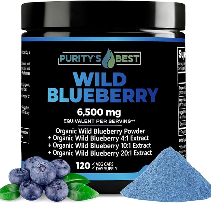 Purity’s Best Wild Blueberry Extract 6500 mg Strength 120 Vegan Capsules Rich in Flavonoids &amp Anthocyanins Antioxidant Support for Brain &amp Heart Health 4-Month Supply Non-GMO