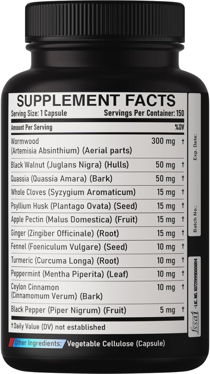 Premium Wormwood Extract Capsules - 5 Month Supply for Immune - 12 Herbs Blended with Black Walnut Leaves Ginger Turmeric &amp More - 150 Counts
