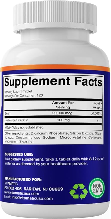 Vitamatic High Potency Biotin 20000 mcg (20mg) with Keratin 100mg - 120 Vegetarian Tablets - Biotin Supplements for Healthy Hair Skin &amp Nails for Adults (120 Count (Pack of 3))