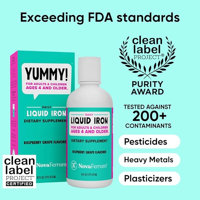 NovaFerrum Yummy 16 Fl Oz | Liquid Iron Supplement for Ages 4 &amp Up | 18mg of Iron/Tbsp | Gluten Free | Sugar-Free | Raspberry Grape