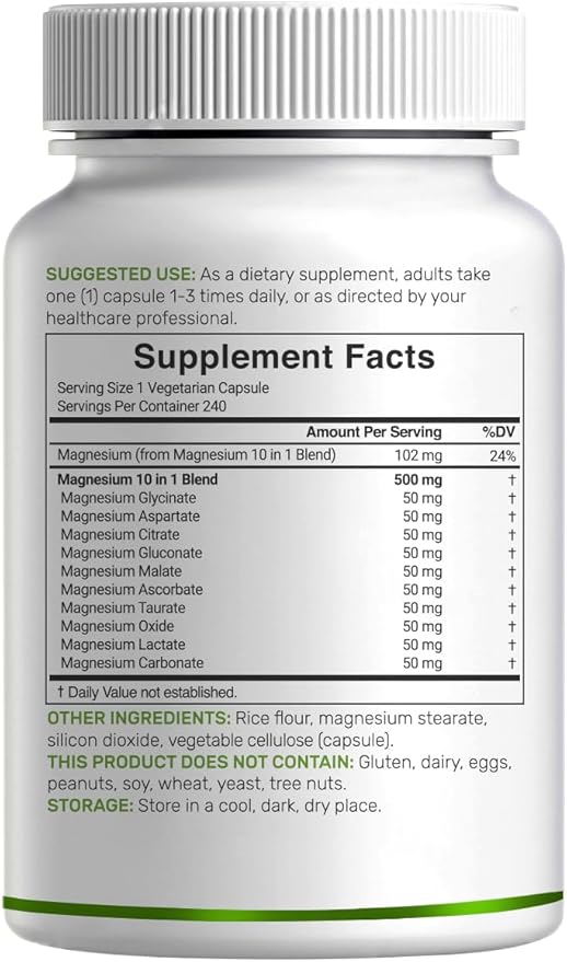 Magnesium Complex 500mg 240 Veggie Capsules – 10-in-1 Glycinate Citrate Malate Oxide &amp More – 100% Chelated for Easy Absorption – Essential Mineral Supplement – Non-GMO