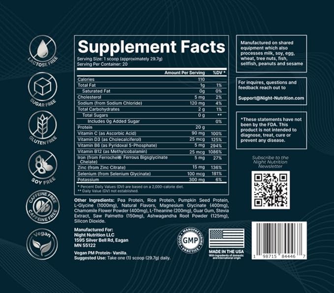 Night Time Protein Powder Vanilla Flavored Zero Sugar Low Calorie Artificial Free Promotes Sleep Quality &amp Muscle Recovery