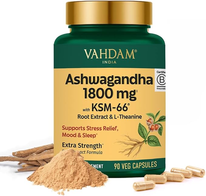 VAHDAM Ashwagandha Supplement 1800mg with Ashwagandha Root Extract and L-Theanine | Support Stress Relief Mood and Sleep | 90 Capsules